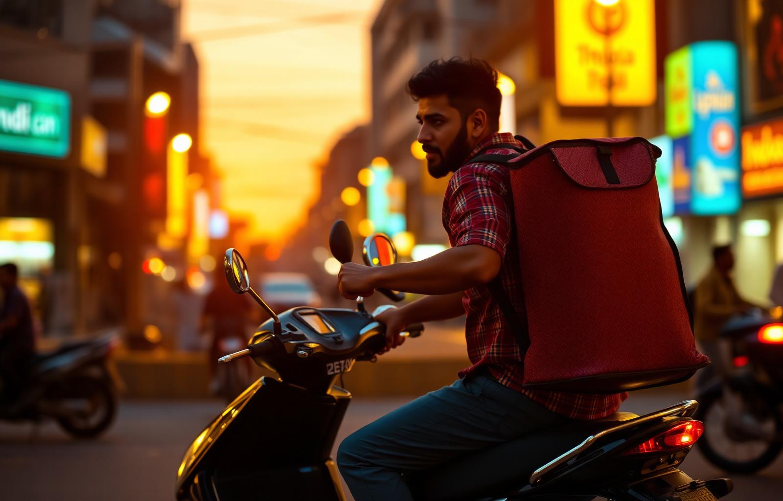 Delivery rider on a scooter at dusk in the city